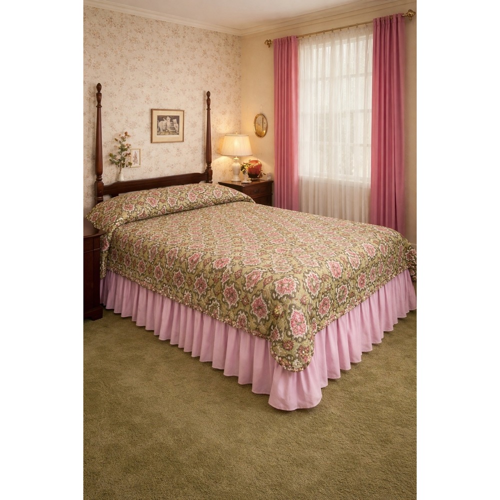 Vintage 70s Floral Bedspread Full Provincial Rose NOS Pink Green‎ Cottagecore
